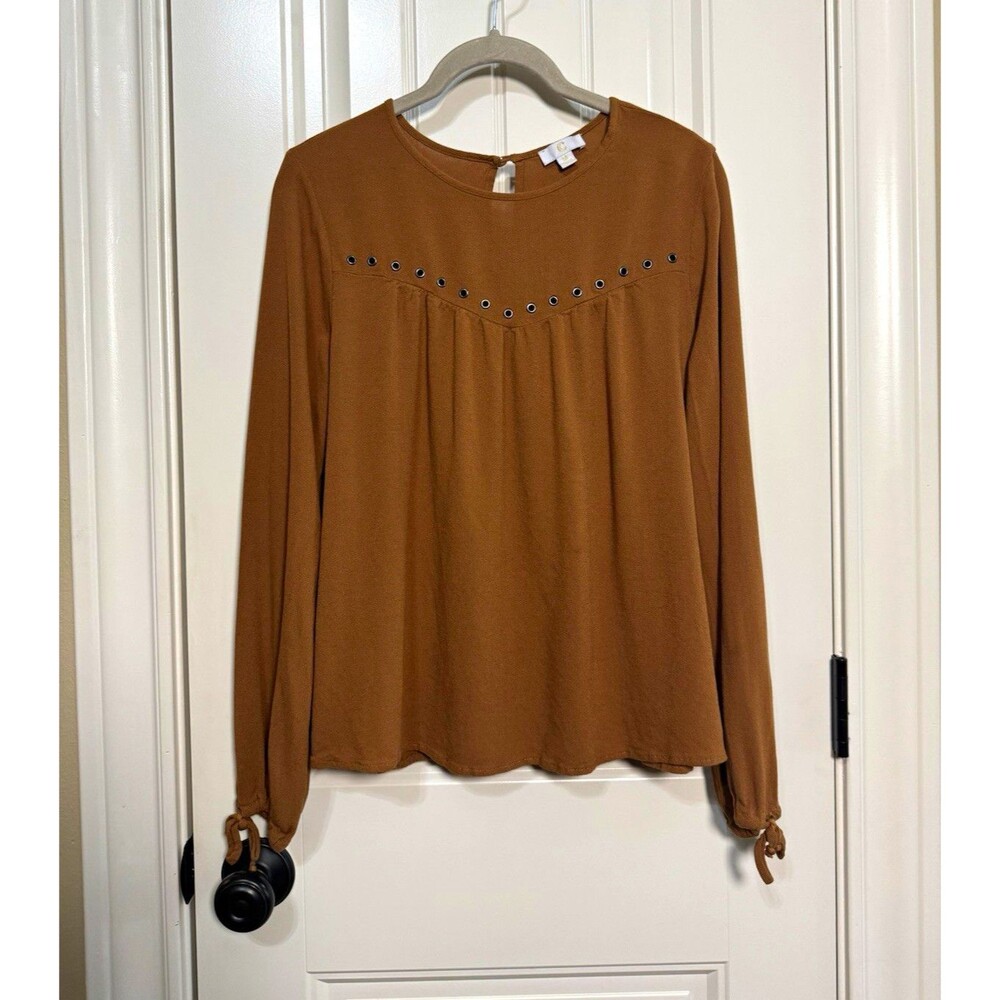 Charming Charlie Brown Viscose Studded Yoke Long Sleeve Blouse Top Medium M Boho
